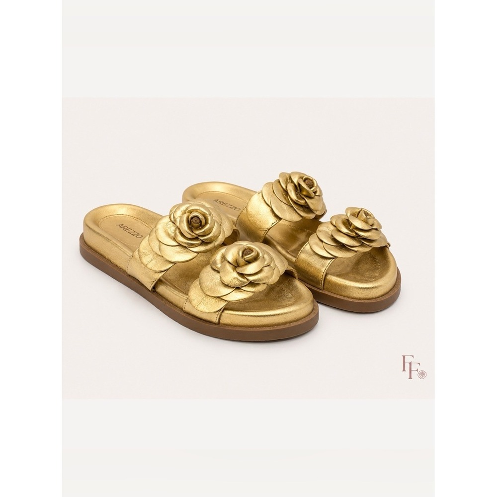 Arezzo Gold Floral Slide Sandals Metallic Rosette Platform Slides Size 6.5